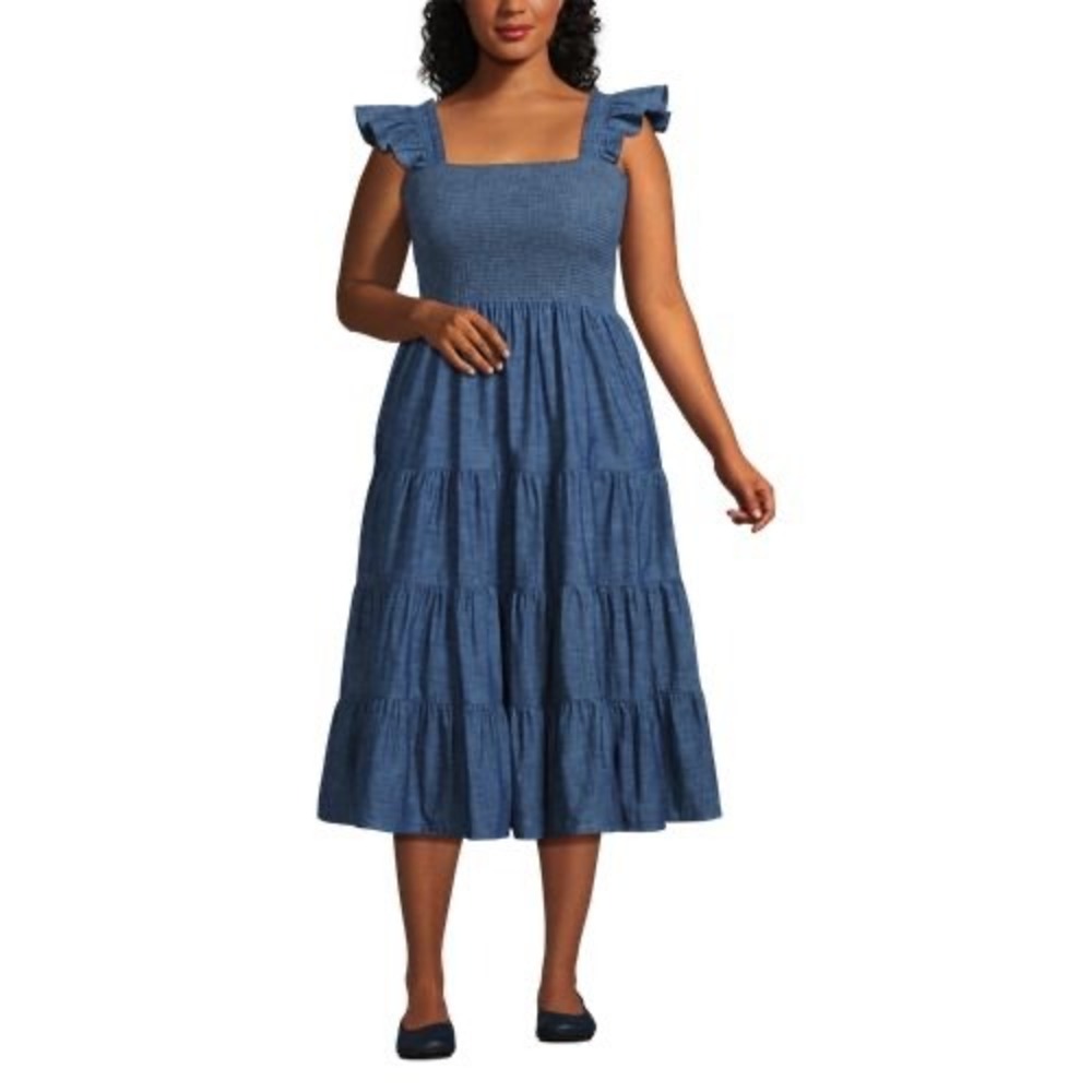 Lands End Womens Blue Cotton Smocked Tiered Ruffle Midi Dress Plus 1X 16W-18W